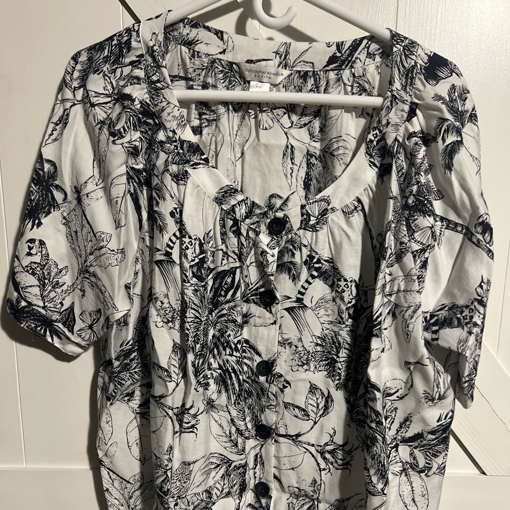 Christopher & Banks Womens XL Petite Blouse Black White Bird Botantical 19155